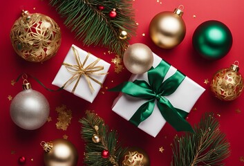Top view photo of christmas decorations on isolated Red background