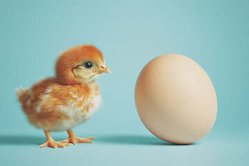 Fototapeta premium Egg versus chicken dilemma, cute characters depict.