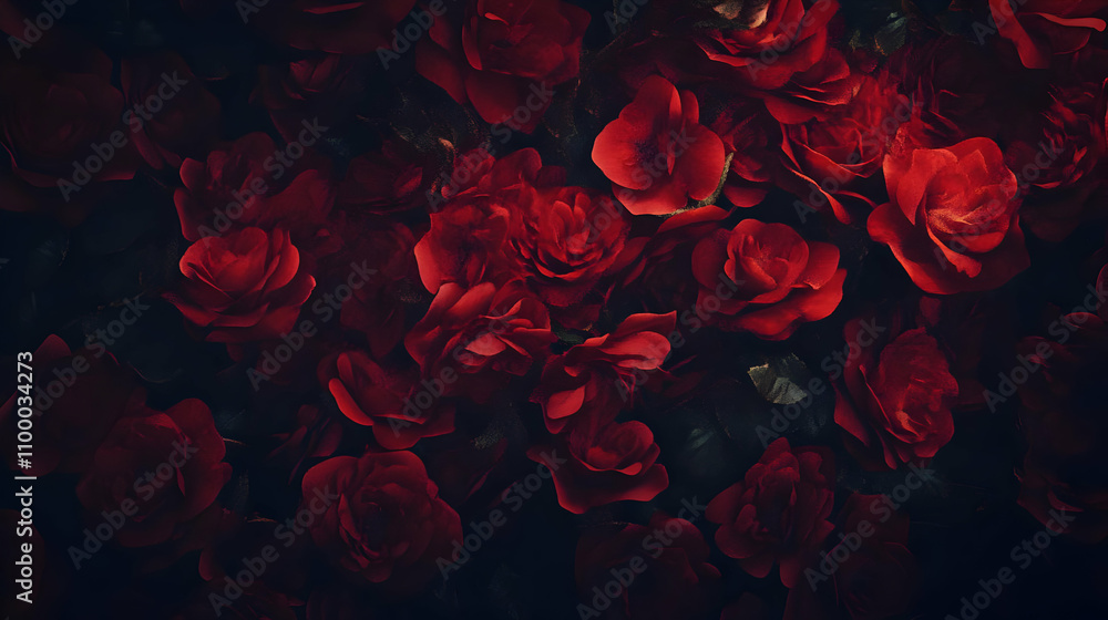 Poster dark moody image of a dense cluster of deep red roses, creating a rich, textured background.
