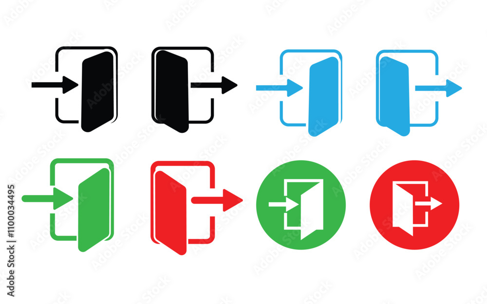 Poster login and logout icon set. login and logout account icons. exit and enter arrow symbol. quit and ent
