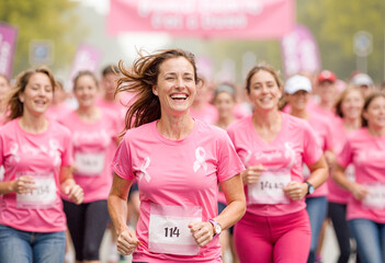 Women running marathon for breast cancer awareness