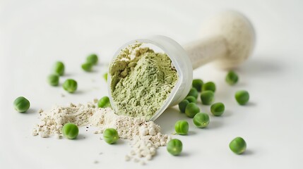 A scoop of green powder and fresh peas on a white background, showcasing healthy ingredients for nutrition.
