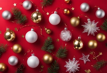  Top view photo of christmas decorations on isolated Red background
