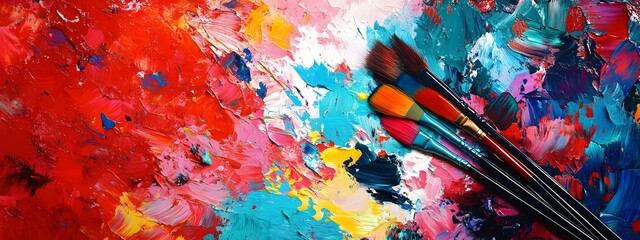 Fototapeta premium A palette with paintbrushes, splattered in vibrant colors of reds and blues, is set against an abstract background filled with colorful shapes and textures