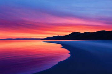 Obraz premium Sunset illuminates the dune beach with vibrant orange, pink, and purple hues under a tranquil sky 