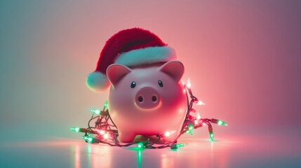 Holiday piggy bank decorated with Christmas lights and a Santa hat set against a colorful backdrop