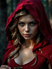 woman in red dress walking in the forest