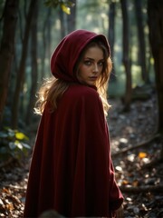 woman in red dress walking in the forest