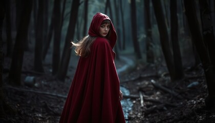 woman in red dress walking in the forest