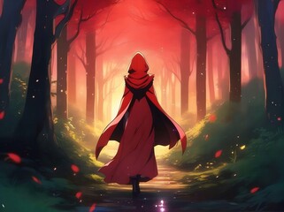 woman in red dress walking in the forest