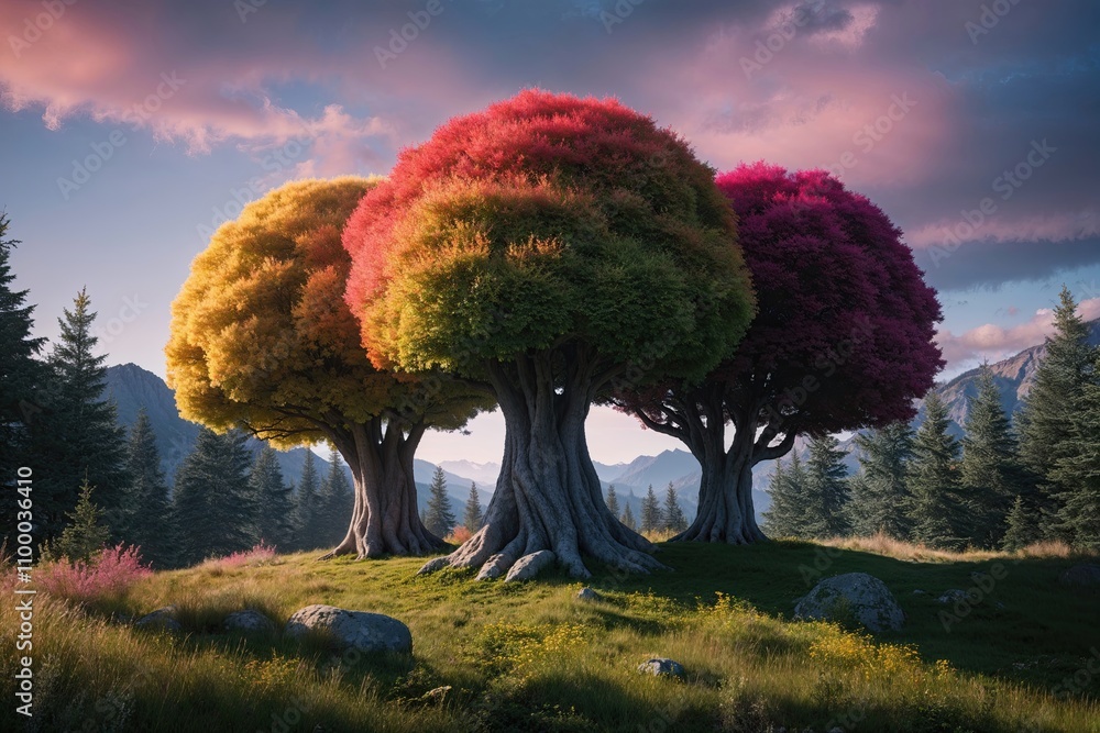 Poster vibrant 3d tree grouping in artistic visualization with secluded viewpoint
