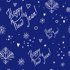 Seamless pattern Happy New Year doodle drawing, for design, background, wrapping paper. Vector illustration.