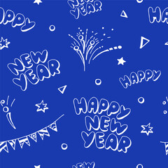 Seamless pattern Happy New Year doodle drawing, for design, background, wrapping paper. Vector illustration.