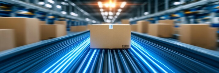 Automated warehofeaturing cardboard boxes on conveyor belts, digital interfaces; blue, grey, brown 
