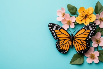 Obraz premium Springtime scene showcasing a butterfly and blossoms on a turquoise background; turquoise, pink, and yellow 