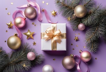  Top view photo of christmas decorations on isolated Purple background