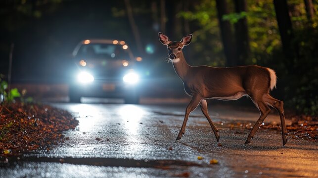 Deer crossing the road at night with car headlights illuminating the scene in a wooded area