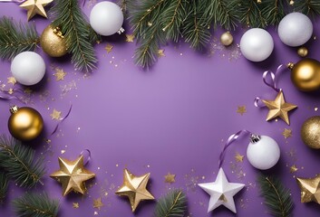 Top view photo of christmas decorations on isolated purple background with empty space