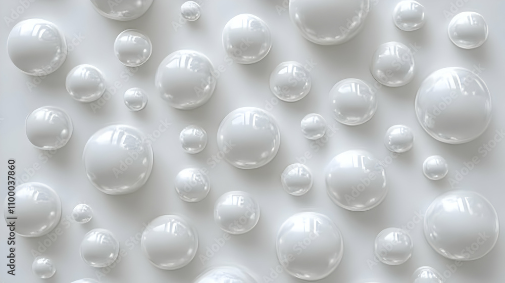 Aufkleber abstract background of many glossy white spheres of different sizes on a light gray surface.
