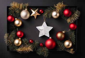 Top view photo of christmas decorations on isolated black background