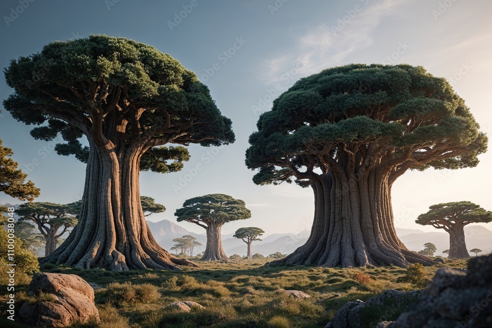 Poster 3d rendering of ancient trees for nature visualization and digital storytelling