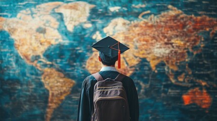 Graduate looking at international job board, in front of a world map, preparing for a global career path and opportunities