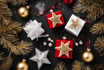 Top view photo of christmas decorations on isolated  Black background 
