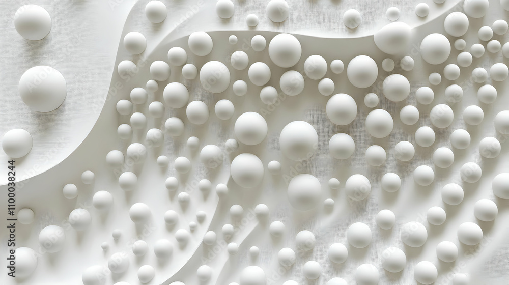 Poster abstract white spheres of varying sizes nestled in a textured, wave-like background, creating a visu