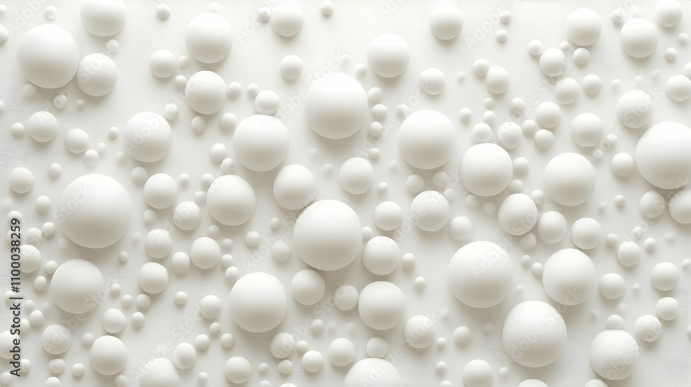 Poster abstract background of many white spheres of various sizes on a white surface.