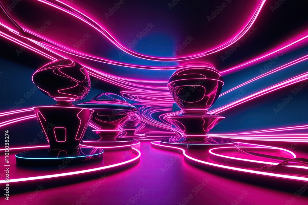 Poster dynamic 3d neon visuals featuring luminous futuristic shapes and modern background