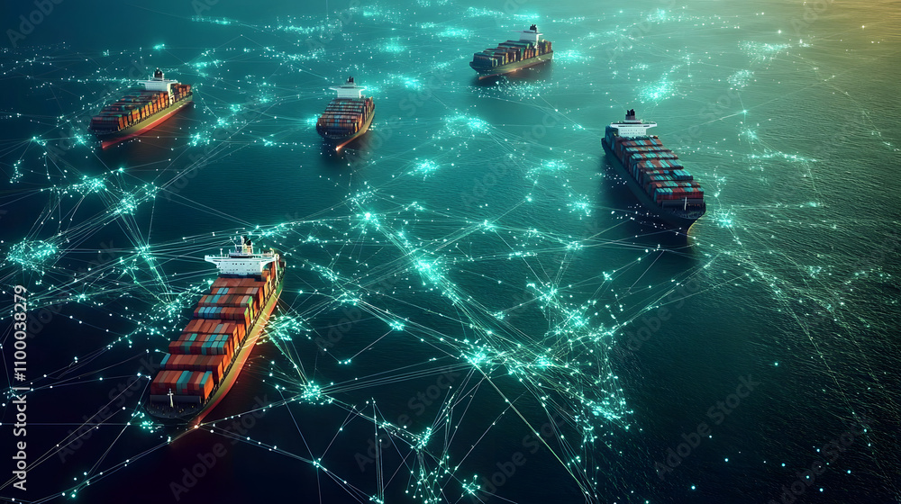 Aufkleber aerial view of cargo ships navigating a complex network of global trade routes with digital lines co