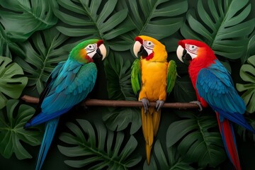 Fototapeta premium Vibrant tropical rainforest featuring colorful parrots among lush greenery; vivid greens and rainbow hues dominate 