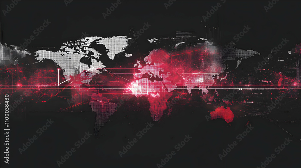 Poster Global network connections visualized on a world map with red glowing nodes and lines, representing data flow and communication.
