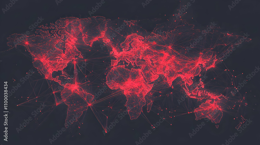 Poster abstract world map with red glowing lines connecting continents, representing global network or comm
