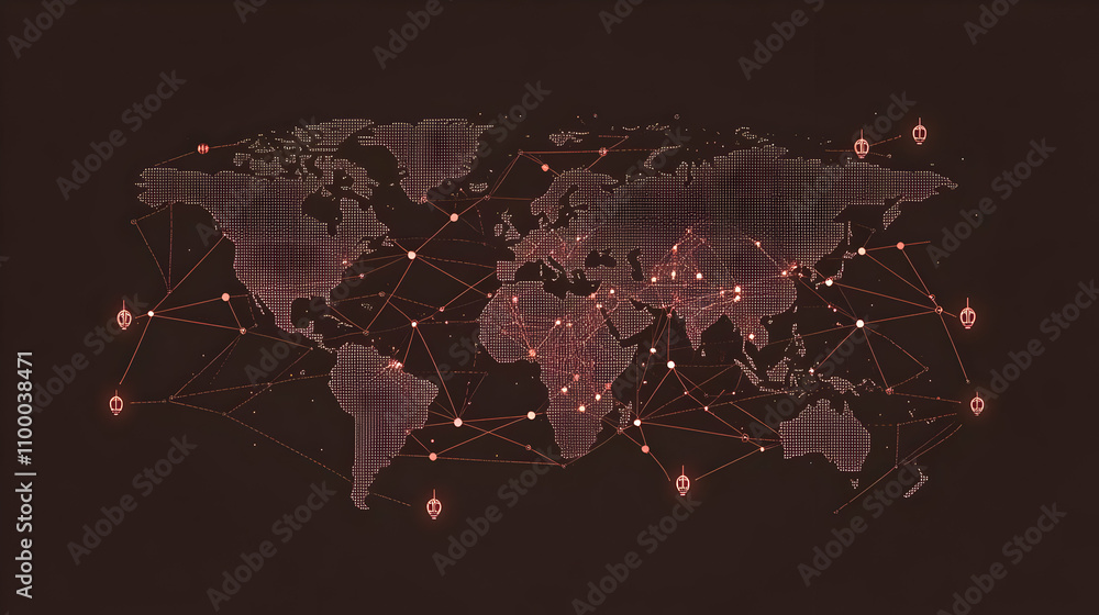 Poster global network connection illustrated as a world map with illuminated nodes and lines, symbolizing g