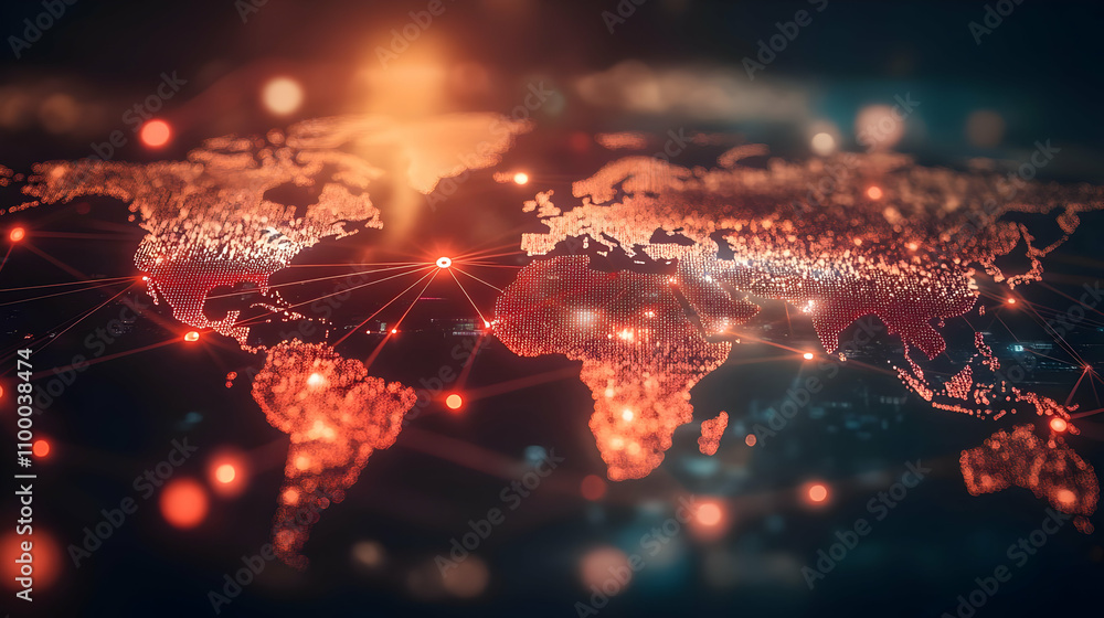 Poster Global network connection, world map with glowing points and lines representing data flow and communication across continents.