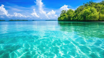 Fototapeta premium Serene Tropical Paradise with Crystal Clear Waters and Lush Green Foliage Under Bright Blue Skies and Fluffy Clouds in a Calm Oceanic Landscape