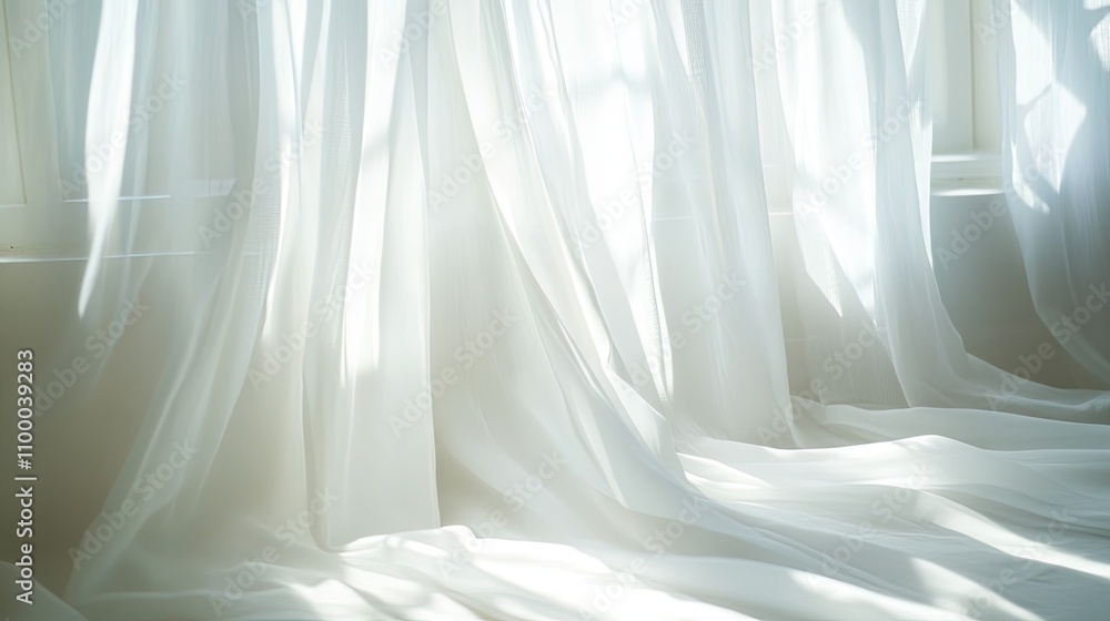 Poster soft sunlight filtering through sheer white curtains creating a tranquil atmosphere in a cozy indoor