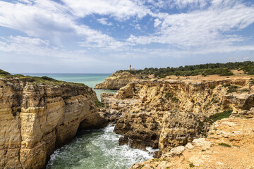 Portuguese coast in Benagil, Algarve, Portugal. Peninsula. Seven Hangging Valleys Trail.