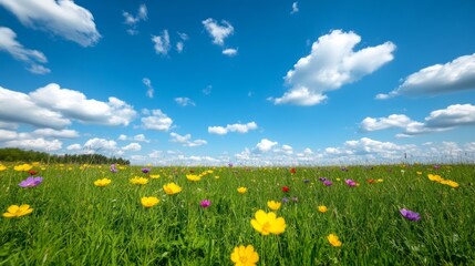 Fototapeta premium Springtime wildflower meadow featuring vibrant yellow, purple, and red blooms under a clear blue sky 
