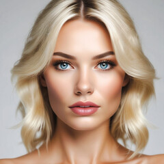 Naklejka premium Portrait of a pretty young blonde girl with big blue eyes and professional makeup on a light background.