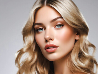 Fototapeta premium Adorable supermodel with long hair and beautiful blue eyes poses in front of the camera.