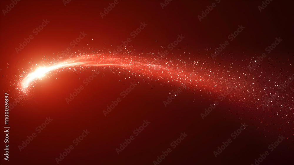 Poster abstract red background with glowing light trail and sparkling particles.
