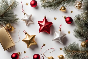 Top view photo of christmas decorations on isolated White background