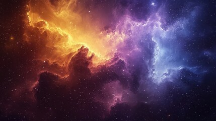 Obraz premium A cosmic-inspired background featuring swirling nebula clouds in deep purples, blues, and vibrant golds. Tiny twinkling stars dot the expanse, adding depth and a celestial charm. The ethereal 