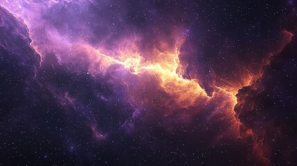 Fototapeta premium A cosmic-inspired background featuring swirling nebula clouds in deep purples, blues, and vibrant golds. Tiny twinkling stars dot the expanse, adding depth and a celestial charm. The ethereal 