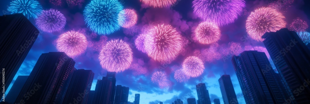 Poster vibrant fireworks explode in intricate patterns over a city skyline background with empty space for 