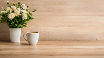 Office table featuring a cup of coffee and flowers, styled in warm browns and soft pastels 