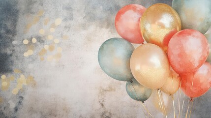 Watercolor balloons in metallic tones with subtle gold foil textures for a luxurious look