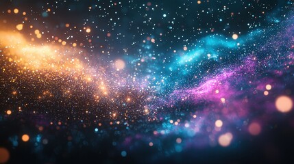 A dramatic cosmic background featuring a glowing nebula in vibrant shades of turquoise, purple, and gold. Stars and light streaks radiate from the center, creating a dynamic and mesmerizing 